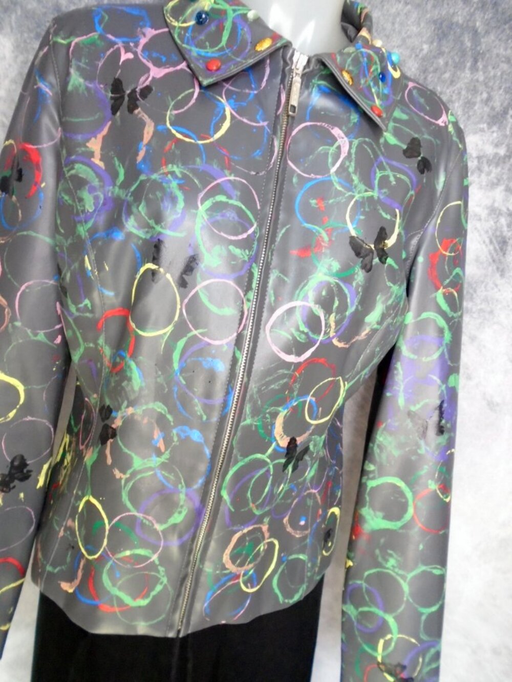 Vegan Leather Jacket with Eclectic Multicolor  Art Hobo Chic Edgy OOAK Unique - Picture 2 of 13